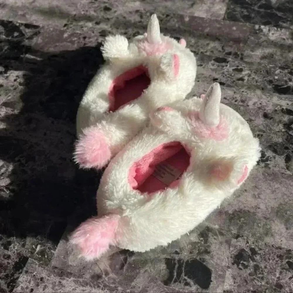 Toddler Unicorn House Shoes Size 6-7 White/Pink cotton lining Non-slip